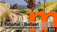 How-to video describing a realistic ballasting of tracks with integrated roadbed, such as Bachmann, Kato, Trix, Roco Geoline or Märklin M-track or C-track.