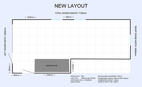 Room sketch with squares representing the minimum curve radius